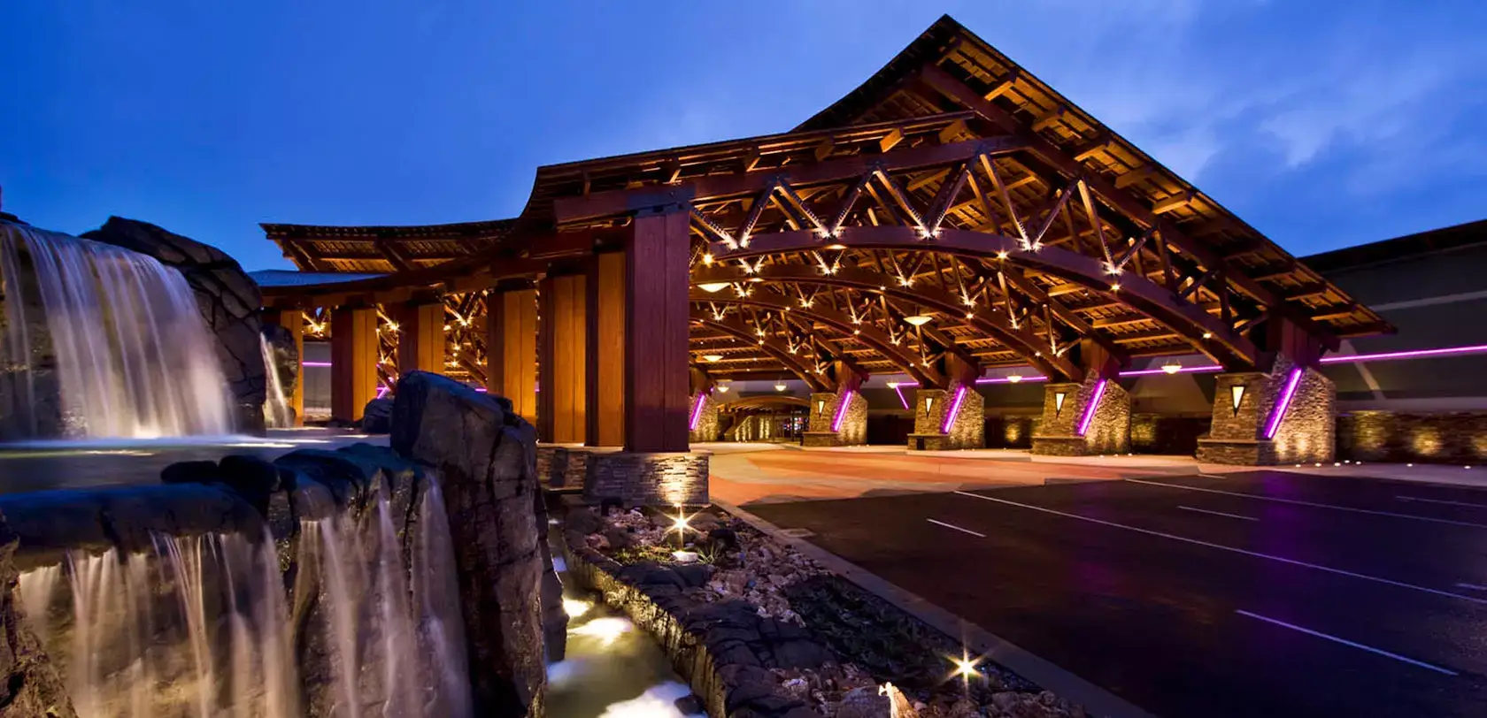 Red Hawk Casino waterfall and road