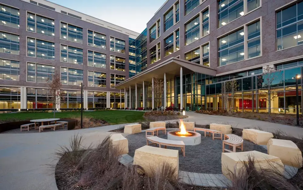 Target North Campus building and some benches