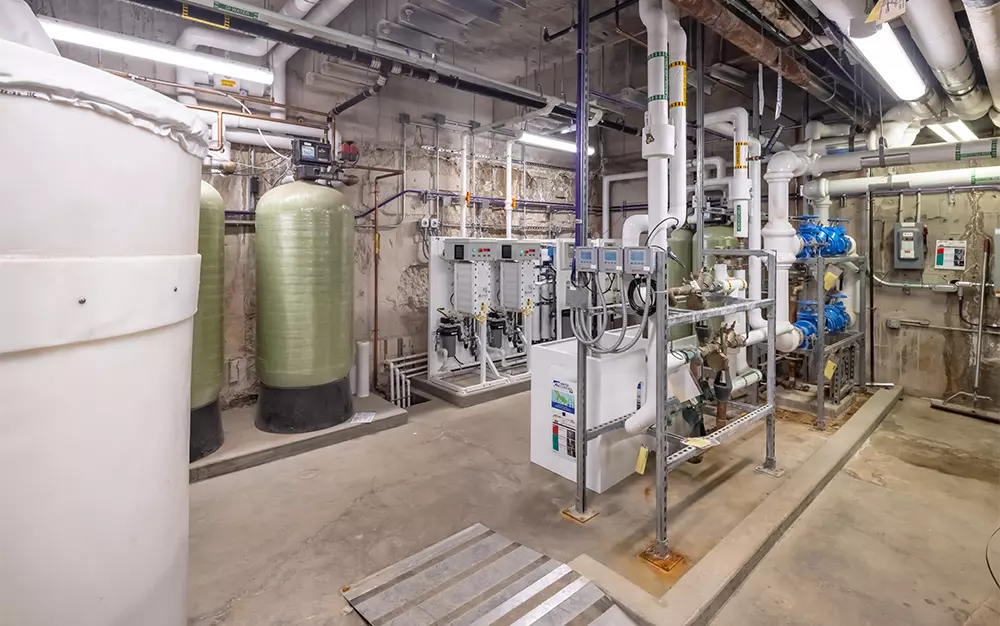 Basement with a heating system located in it