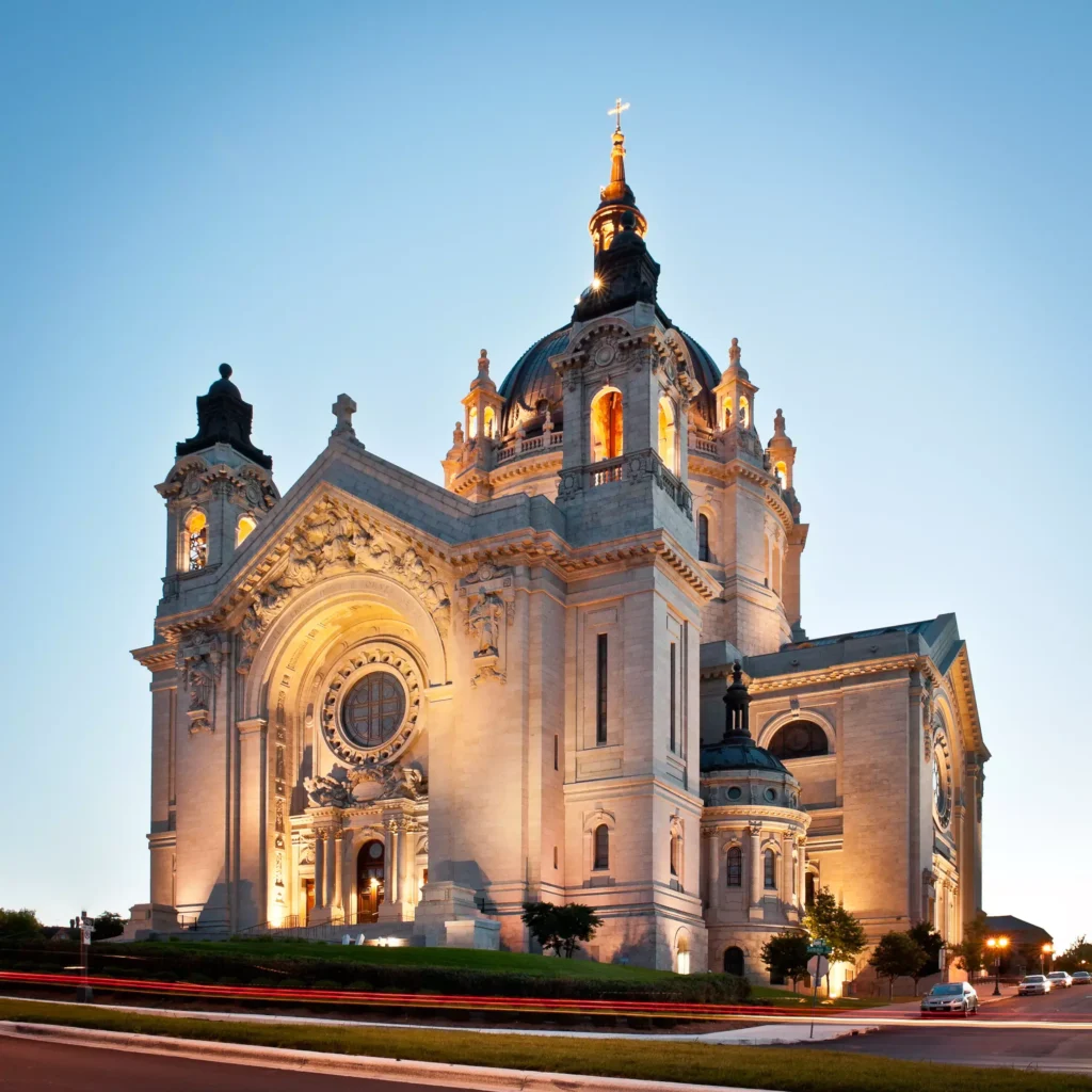 Illuminated church by the road